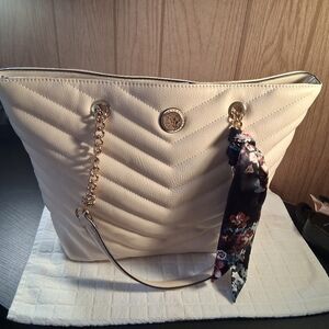 Anne Klein Elegant Cream Tote Bag with Gold Chain and Scarf